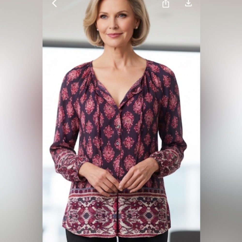 Lucky Brand Long Sleeve Red & Navy Blue Blouse
